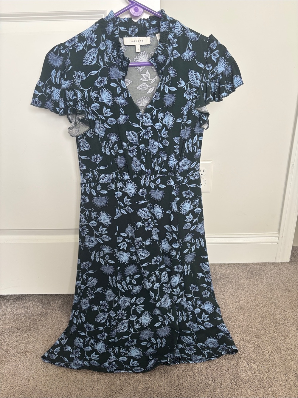 Lark and Ro Black Dress with Light Blue Floral Print - V-Neck Fit & Flare